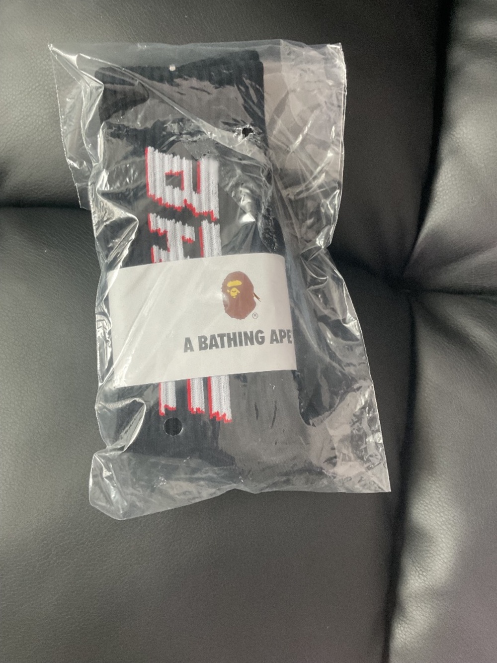 A Bathing Ape BAPE College Logo Crew Socks Black Red White Ape Head Brand New
